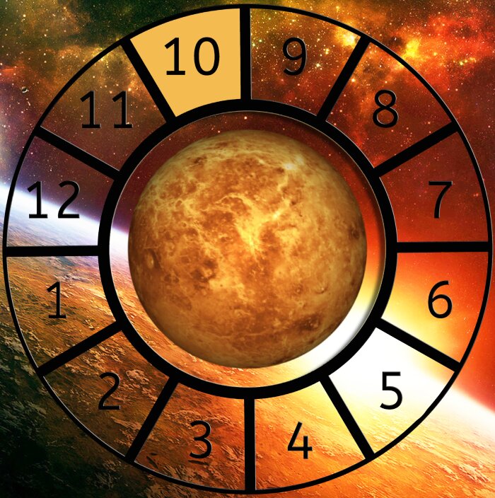 Venus shown within a Astrological House wheel highlighting the 10th House